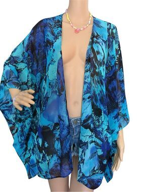 Catherines Blue & Black Floral Sheer Kimono Swimsuit Cover Flowy Top